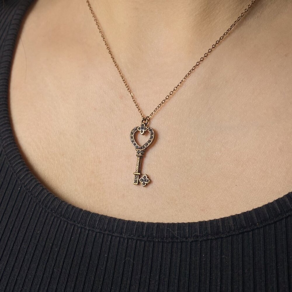 Dainty Copper Tone Marcasite Rhinestoned Heart Key Locket Charm Chain Necklace